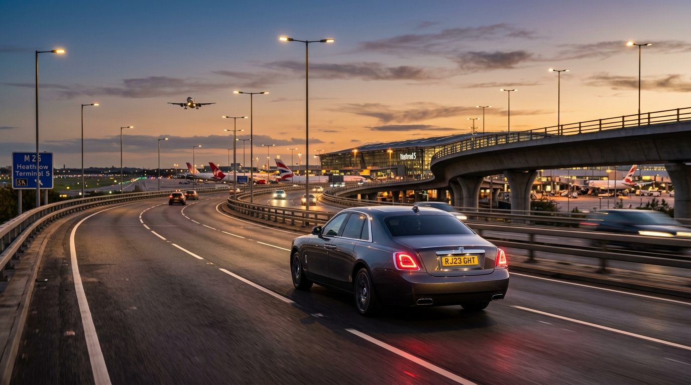 Executive private hire vehicle travelling towards a modern UK airport terminal at dusk
